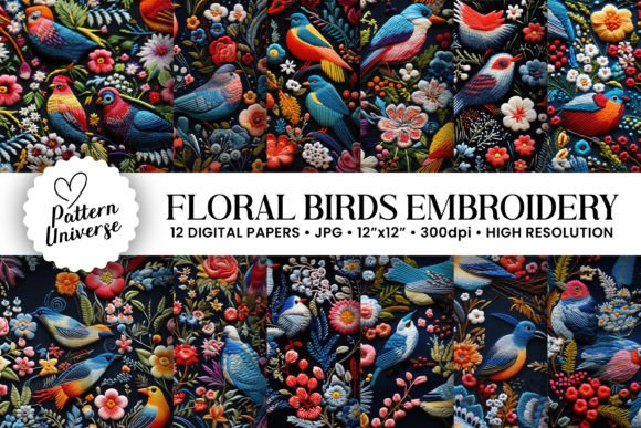 Floral Birds Embroidery Digital Papers