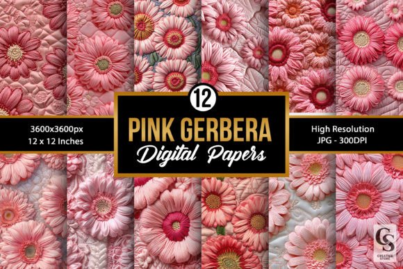 Pink Gerbera Embroidery Digital Papers